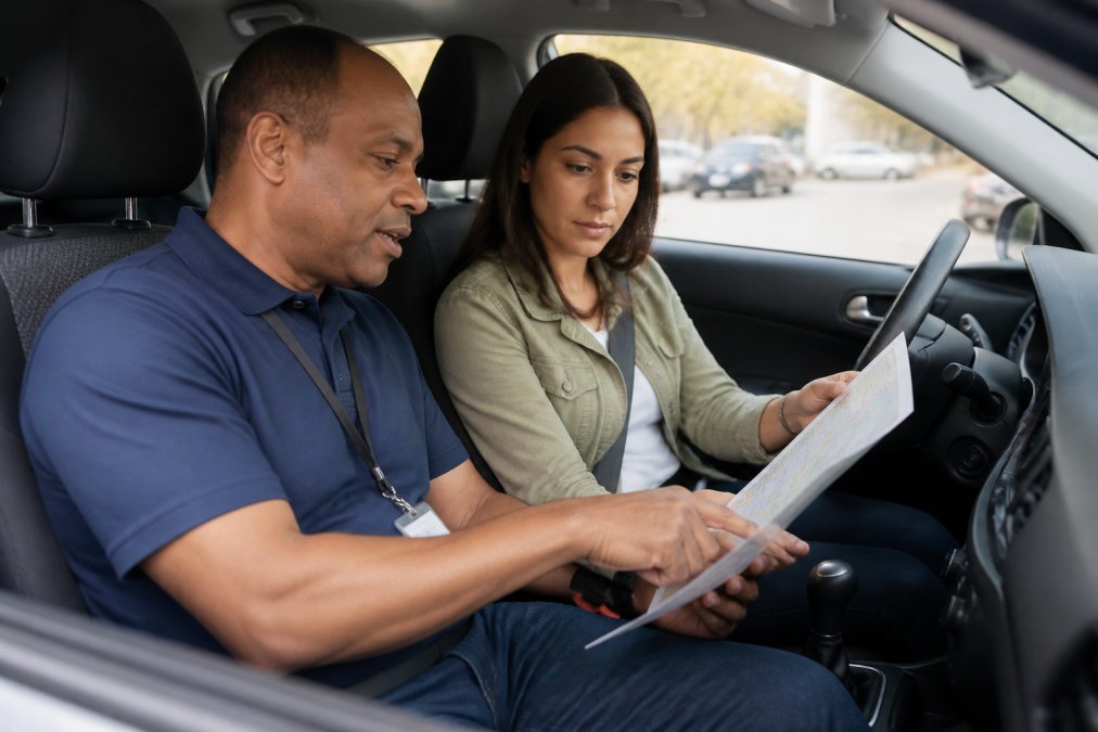 A DMV-certified instructor and adult student reviewing a road map or checklist together before a lesson, sitting in the front seats of an instructional vehicle