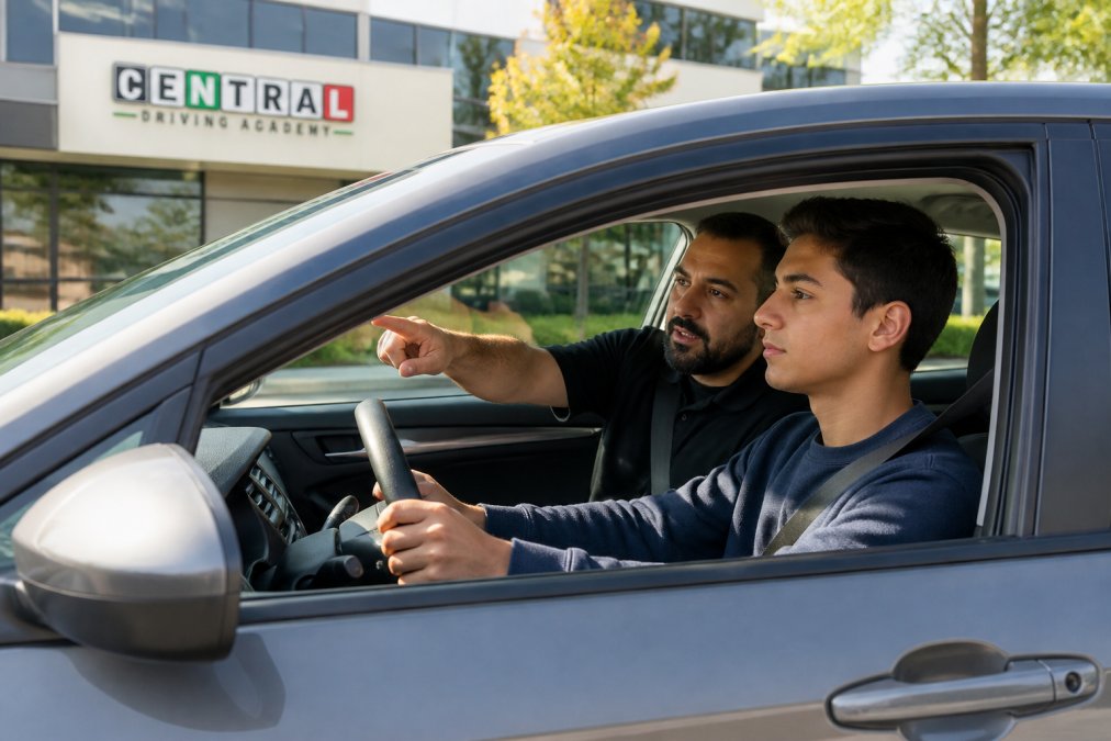 Driving instructor guiding a focused student during affordable driving lessons in a car