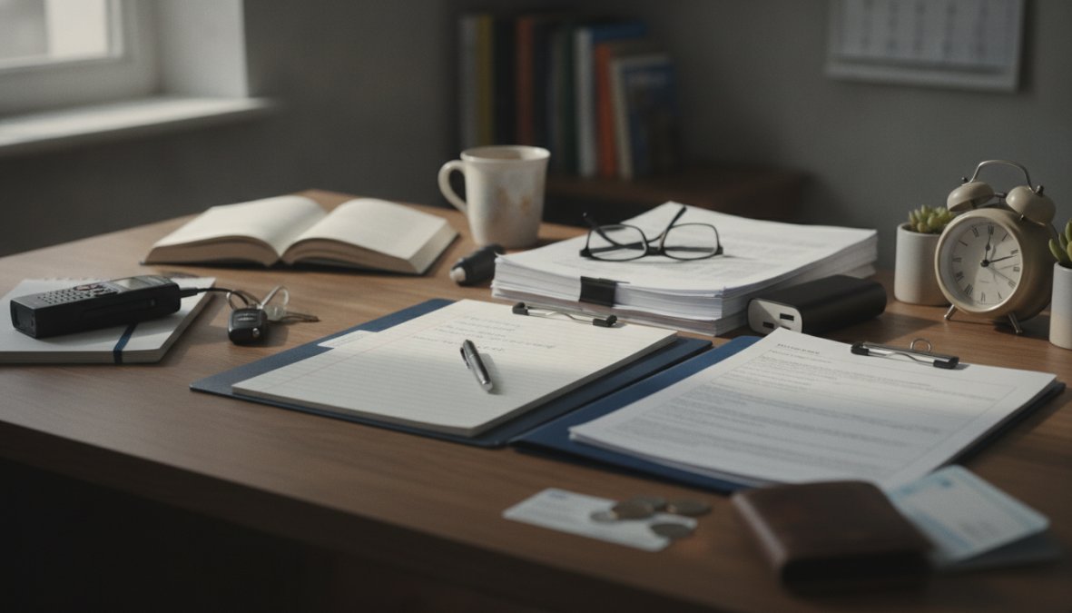 Person sitting at a well-lit desk organizing a folder of legal documents and court paperwork, laying out identification and court orders side by side in preparation for an upcoming appointment