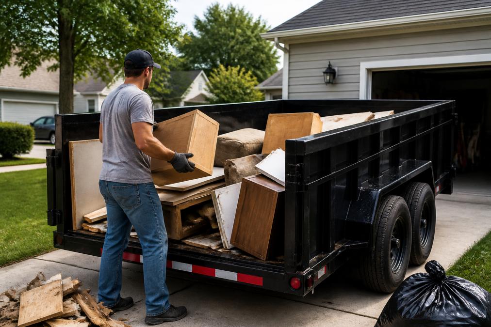 Homeowner carefully loading construction debris and household items into a 12-yard dump trailer in a residential driveway, demonstrating proper weight distribution with items stacked neatly