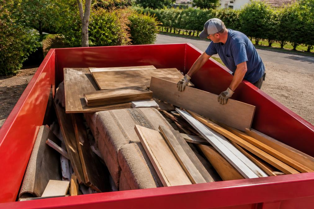 Homeowner efficiently organizing and stacking items in a roll-off dumpster, demonstrating proper placement of debris, furniture, and construction materials with organized layers