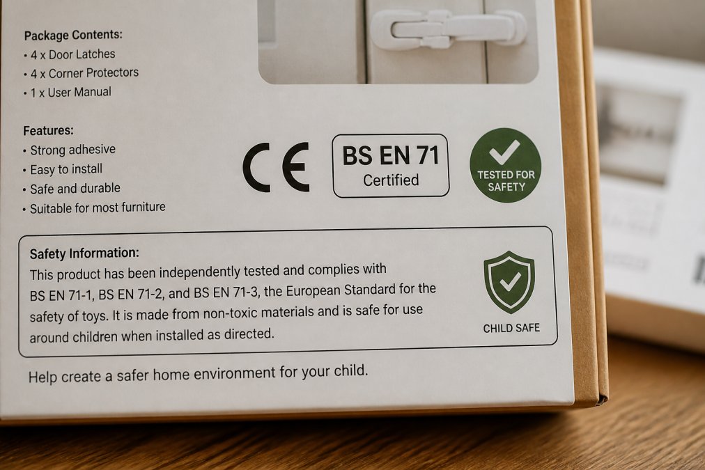 Close-up of product packaging showing CE mark, BS EN 71 certification label, and safety testing information on door latches and corner protectors