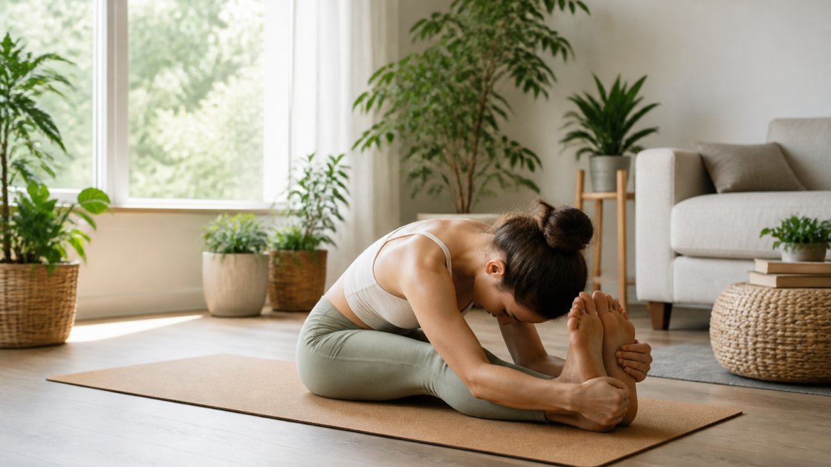 Beginner practicing a seated forward fold on a natural cork yoga mat in a sunlit living room with plants.