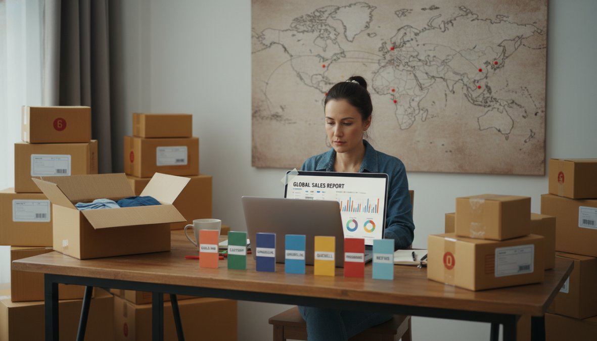 Small business owner sitting at a wooden desk with a laptop open showing a [multichannel](/blog/multichannel-selling-cost-management) ecommerce dashboard, surrounded by cardboard shipping boxes with international destination labels, and a large world map pinned to the wall behind them, warm office lighting