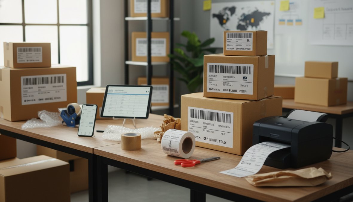 Warehouse worker in a high-visibility vest scanning a barcode on a cardboard box near a moving conveyor belt, with stacked shipping boxes bearing international destination labels visible in the background, bright industrial lighting
