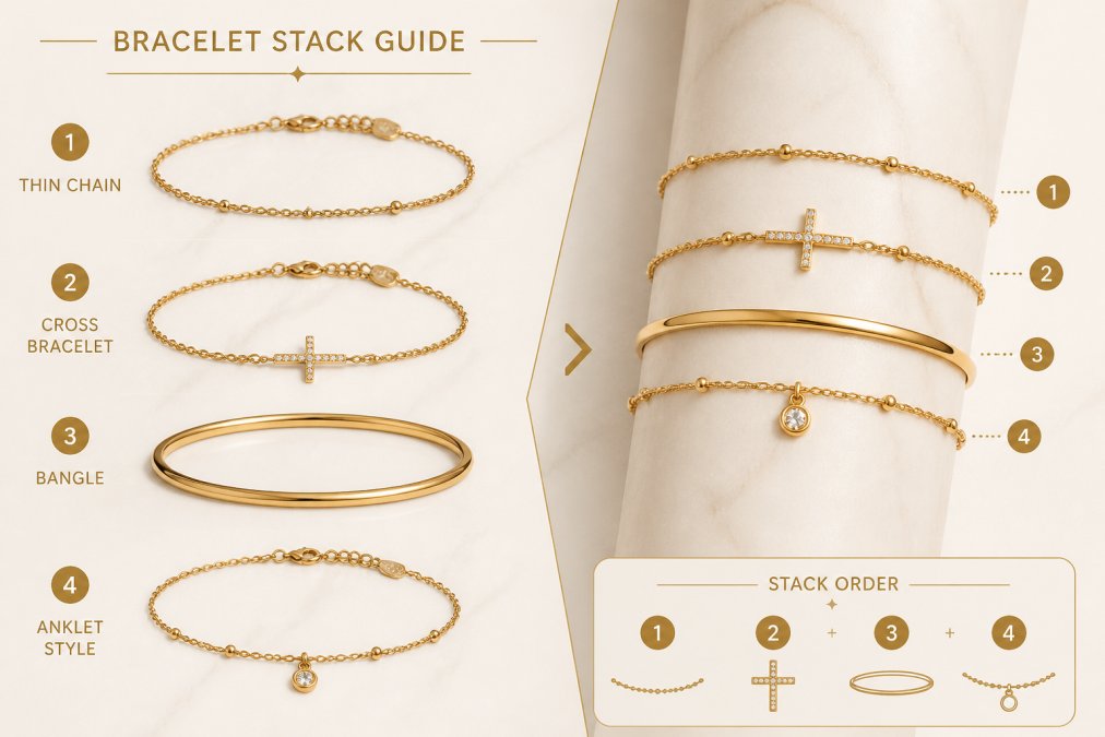 Flat-lay of four bracelets arranged on a white marble surface in natural daylight, showing a thin minimalist chain, a sterling silver cross charm bracelet, a simple bangle, and a delicate anklet-style piece styled together as a wrist stack