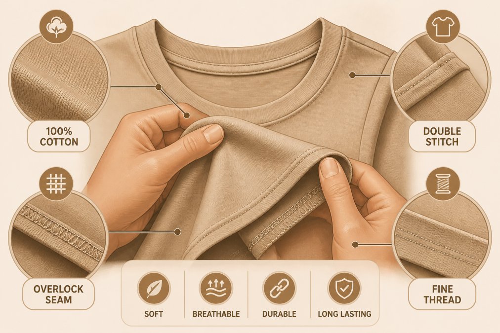Close-up of hands examining fabric texture and seams on a premium cotton t-shirt, showing thread quality and construction details