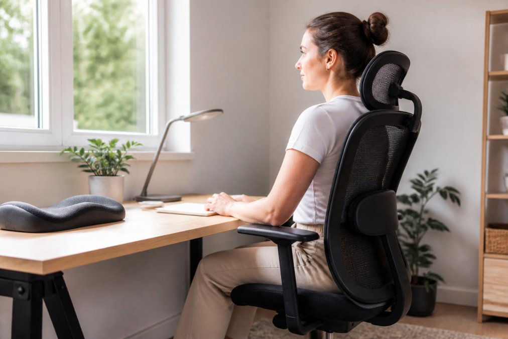 Remote worker sitting at home desk with proper posture, using neck and back support products, natural light from window, modern minimalist workspace