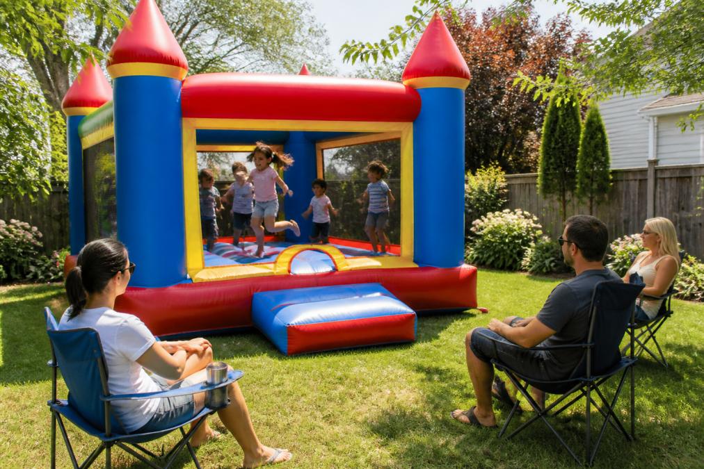 Children playing and jumping inside a colorful bounce house decorated with bright patterns in a sunny backyard, with parents supervising from lawn chairs nearby