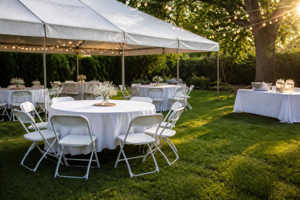 A well-organized backyard party setup with rented round tables covered in white linens, folding chairs arranged in conversational clusters, a white frame tent providing shade, string lights overhead, and a small refreshment table in the corner during late afternoon sunlight