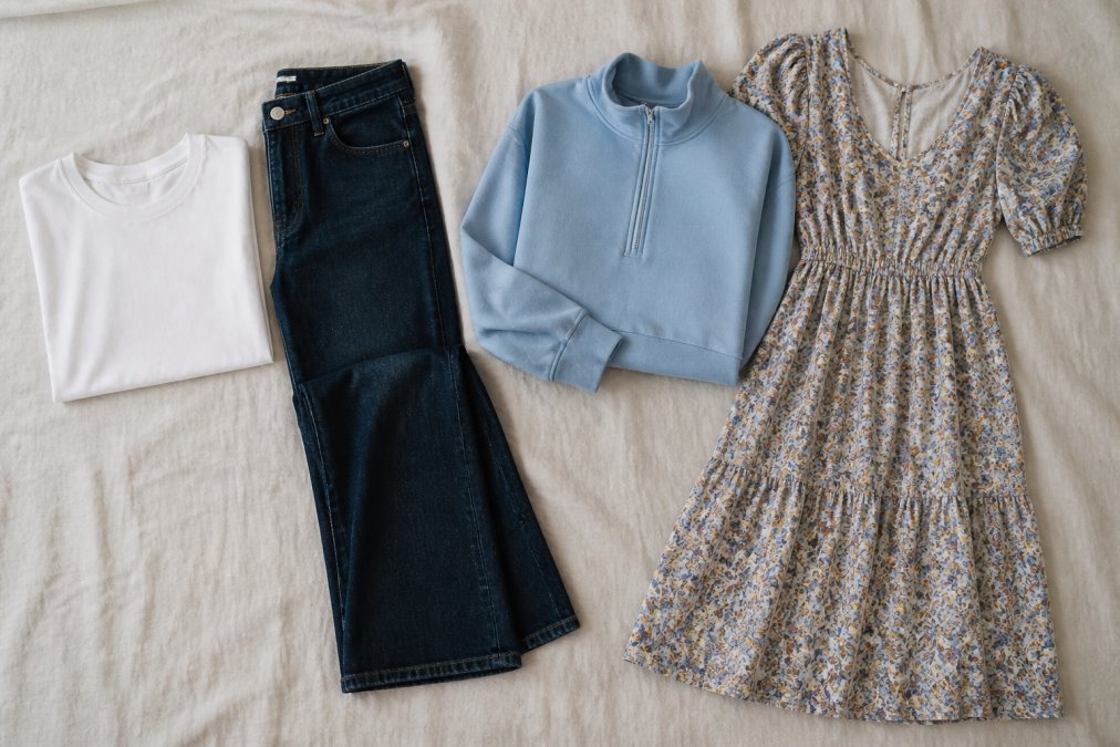 A flat lay of versatile women's clothing on a neutral linen background: a white crew-neck tee, dark wash wide-leg jeans, a sky-blue half-zip sweatshirt, and a floral midi dress, arranged neatly to show a cohesive budget capsule wardrobe