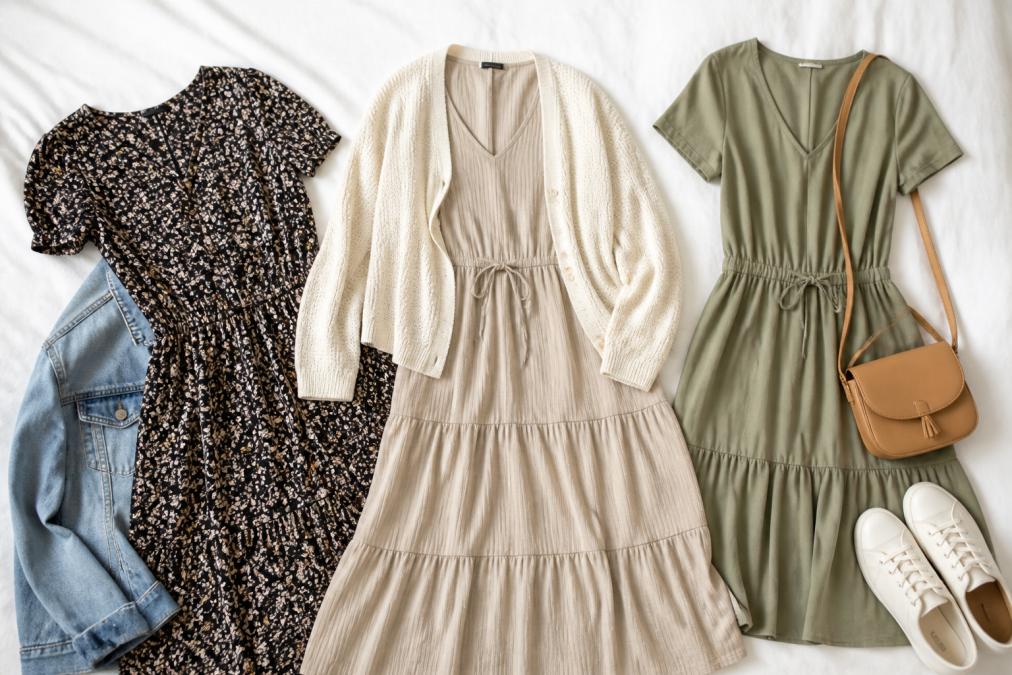 Three versatile dresses in neutral and floral patterns arranged on a clean white surface, showing how they layer and mix together