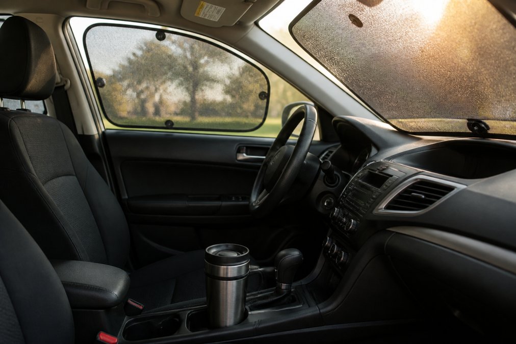 Car interior with sun shades and a travel mug, affordable everyday essentials for car owners during summer.