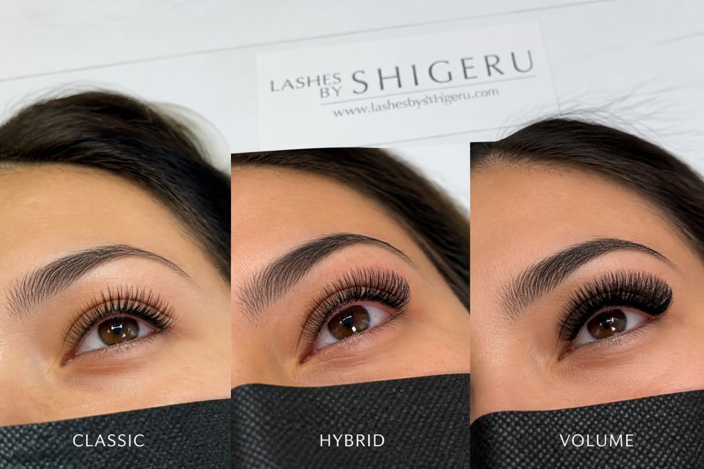 Close-up of three different lash extension styles applied to eyes, showing classic full set with single extensions per natural lash, hybrid lashes with mixed single and cluster applications, and volume styles with dense fan-shaped clusters, photographed in natural daylight