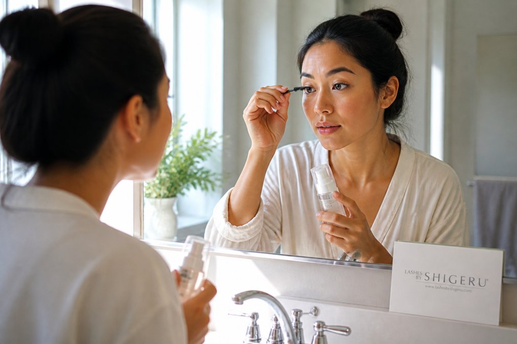 Woman carefully cleaning her lash extensions with a spoolie brush and specialized lash cleanser at her bathroom sink, with natural morning light coming through the window