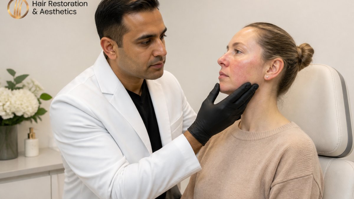 Professional dermatologist performing detailed skin assessment on patient with sensitive skin in bright clinical setting, examining facial texture and tone closely