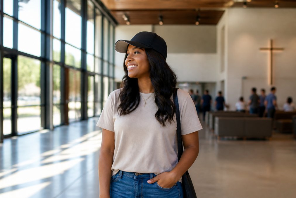 Woman wearing an affordable faith-inspired hat for church gatherings, styled with a graphic tee in a bright lobby.