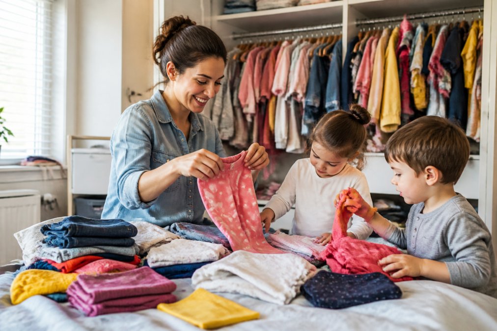 Busy parent with two young children selecting colorful clothing items from a wardrobe, smiling while organizing basics like cotton leggings, t-shirts, and jackets on a bed
