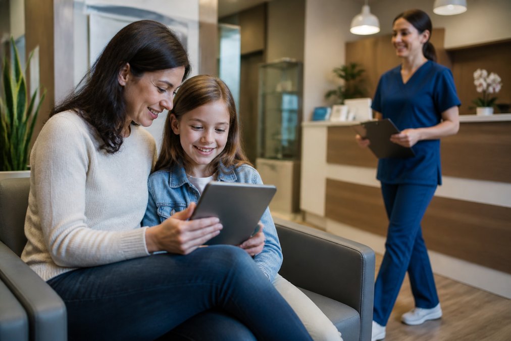 Parent and child looking at a tablet in a modern office waiting room for affordable family dentistry in Baltimore County