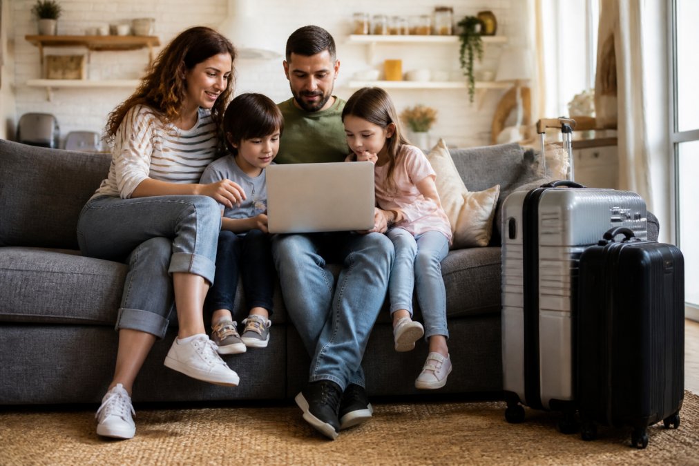 A family with two young children looking at a laptop together on a sofa, comparing hotel and holiday rental options on screen, with suitcases nearby in a bright living room
