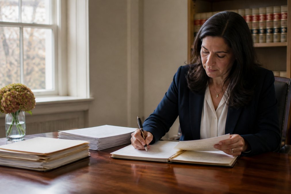 Professional woman in a law office reviewing court documents and taking handwritten notes at a wooden desk, natural light from window