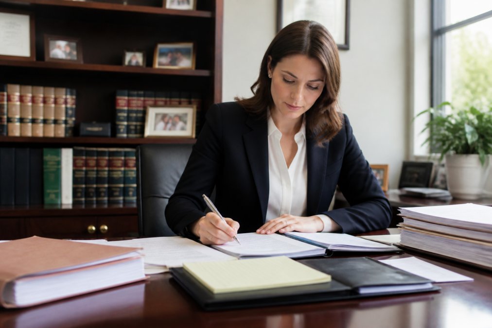 Professional woman in business attire seated at a desk in a modern law office, reviewing documents and taking detailed notes with a pen, natural light streaming through the window