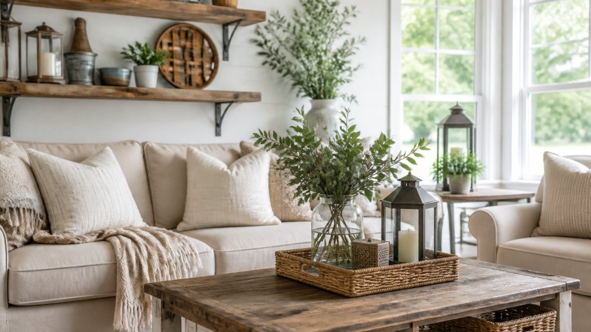 Bright farmhouse living room featuring a coordinated decor bundle with cream throw pillows, wooden wall shelving, metal accents, and a styled coffee table with woven baskets and candles, natural afternoon light streaming through large windows