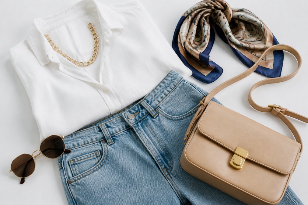 A flat lay of a woman's outfit on a clean white background featuring a gold chain necklace, a small crossbody bag, a printed silk scarf, and stylish sunglasses arranged neatly