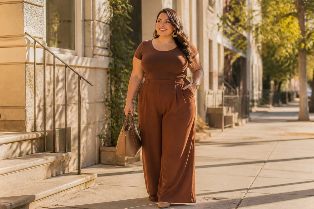 Woman wearing a wide-leg pant set with a fitted top, standing confidently in natural sunlight wearing statement earrings and a structured handbag