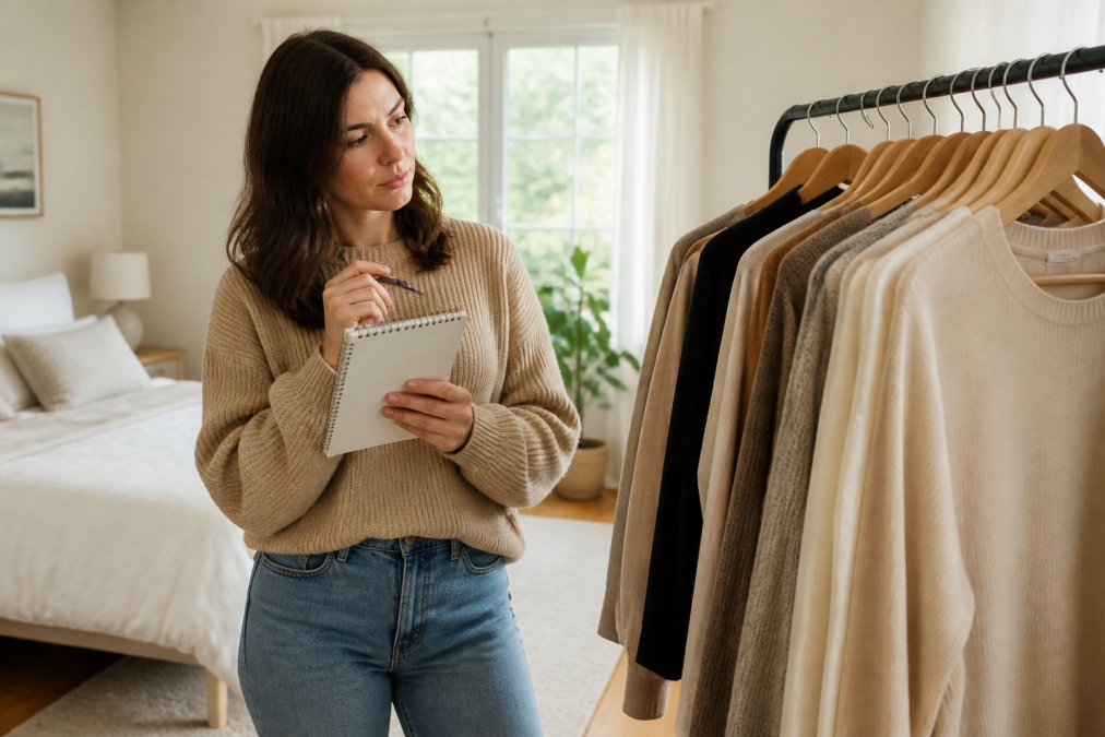 A woman in her thirties standing in a bright bedroom, holding a notepad and looking at a small rack of neutral-toned clothing, calculating cost per wear