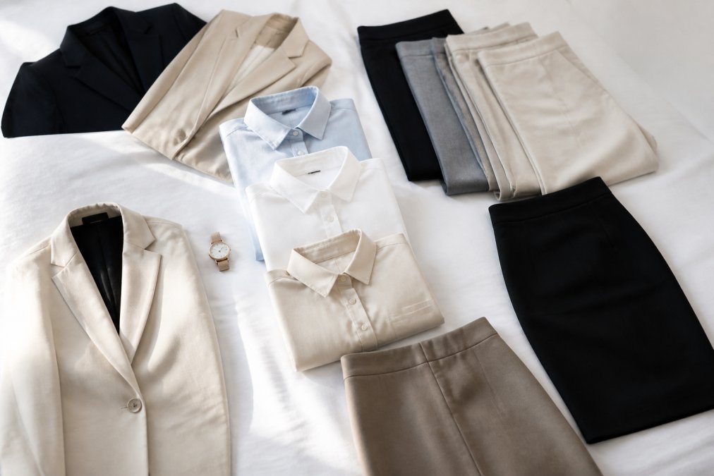 A neatly organized professional wardrobe flat lay showing neutral-colored blazers, folded trousers, pressed button-up shirts, and a pencil skirt arranged on a clean white surface with soft natural light