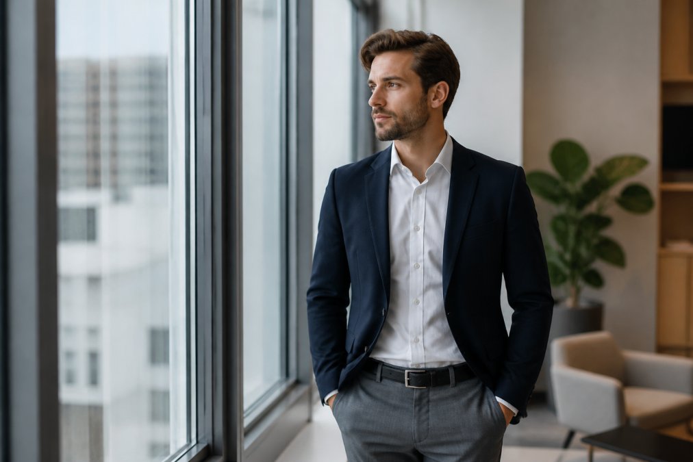 A confident professional in a polished business casual outfit featuring a tailored navy blazer, well-fitted grey trousers, and a crisp white button-up shirt, standing near a floor-to-ceiling window in a bright modern office