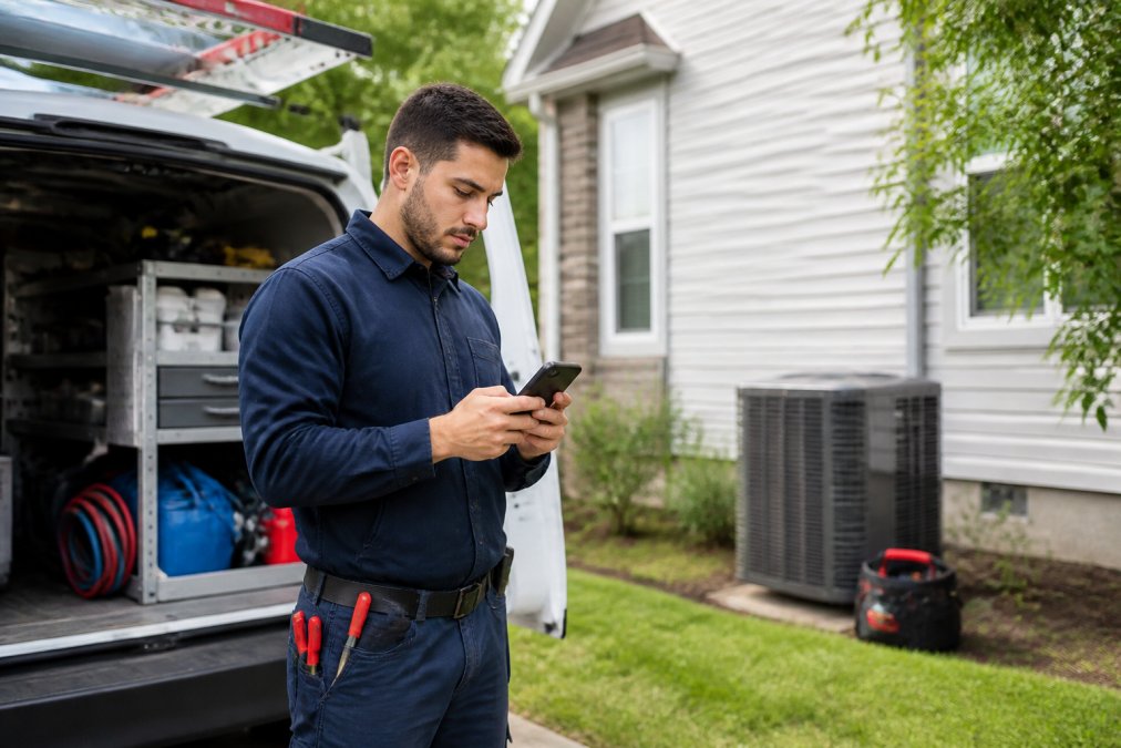 Field technician in work uniform checking mobile phone for job details while standing at residential job site with tools and equipment visible in background, natural daylight