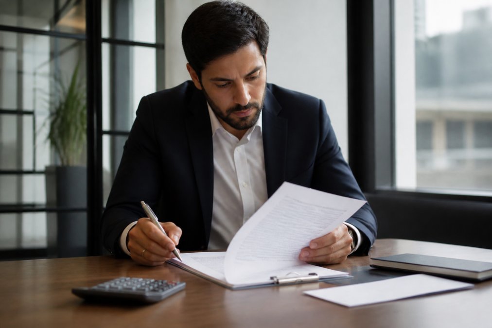 Professional reviewing loan documents and contract paperwork at desk with calculator and pen, carefully examining terms and conditions in modern office setting with natural lighting