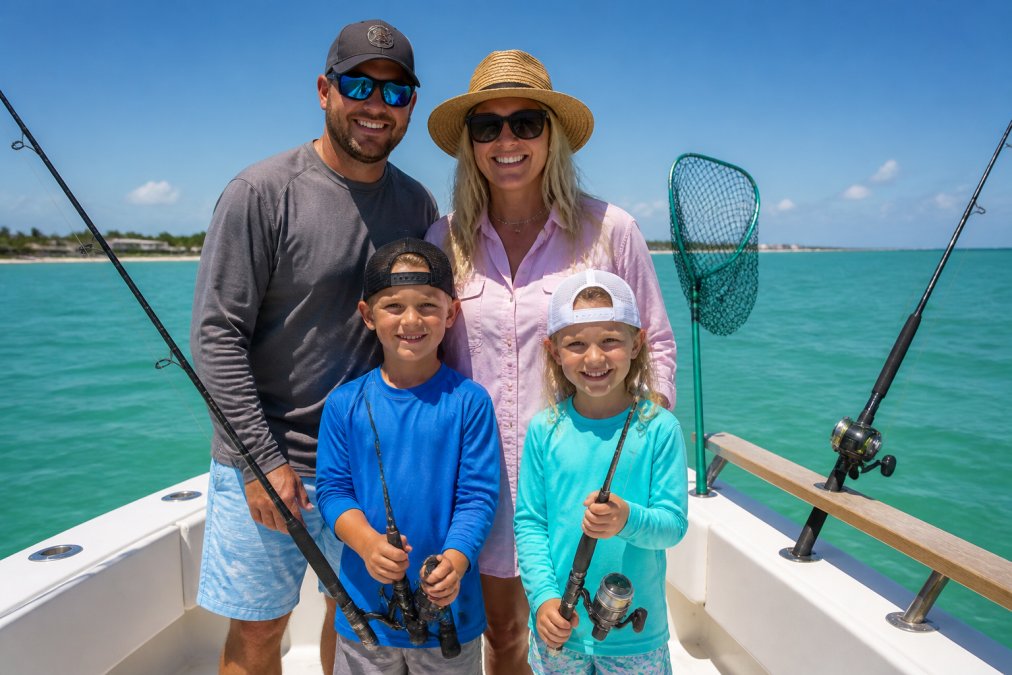 A family with two young children holding fishing rods on the deck of a charter boat, calm turquoise Gulf water behind them, bright midday sun