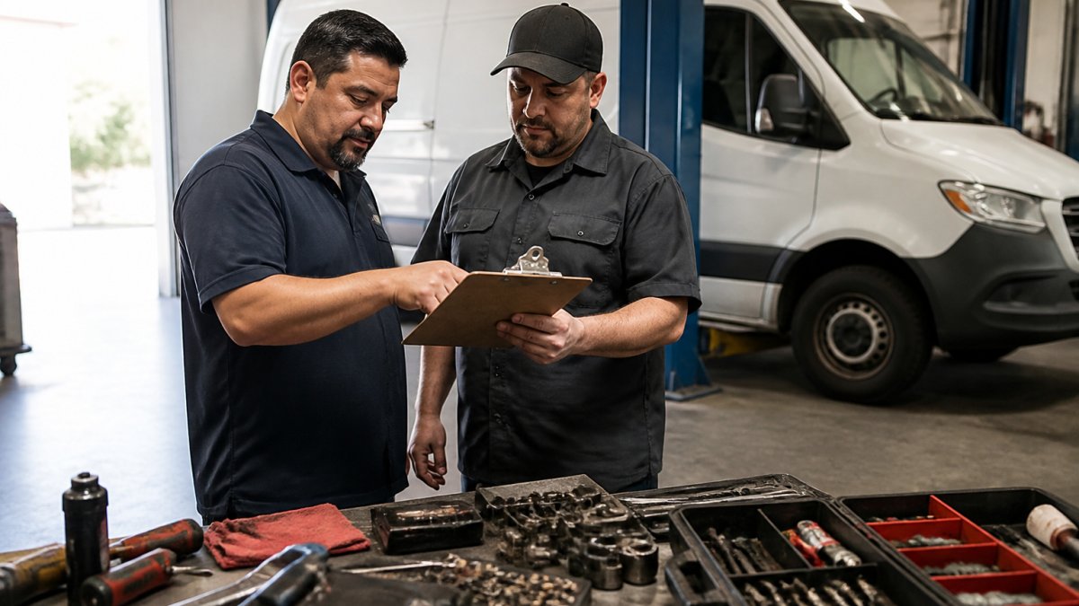 A fleet manager and an ASE-certified technician reviewing a vehicle maintenance checklist together in a clean, well-lit auto repair shop, with a commercial van visible in the service bay behind them