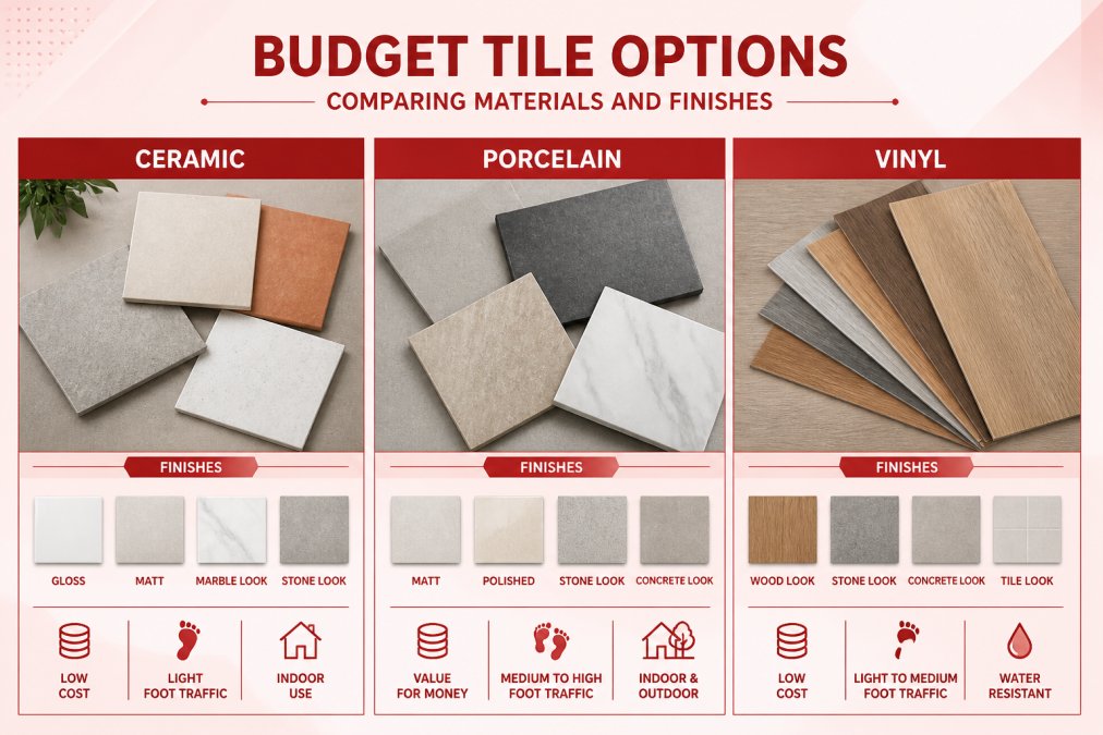 Close-up of different tile samples arranged on a surface showing ceramic, porcelain and vinyl options side by side with various finishes and colours under natural lighting