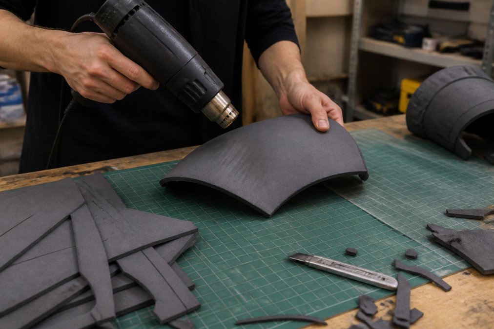 Crafter using a heat gun to shape foam armor pieces for cosplay projects