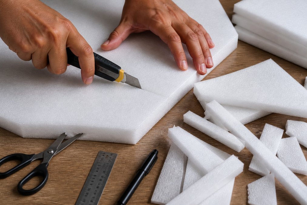 Close-up of hands using a utility knife to cut polyethylene foam sheets on a work surface, with foam scraps and cutting tools visible