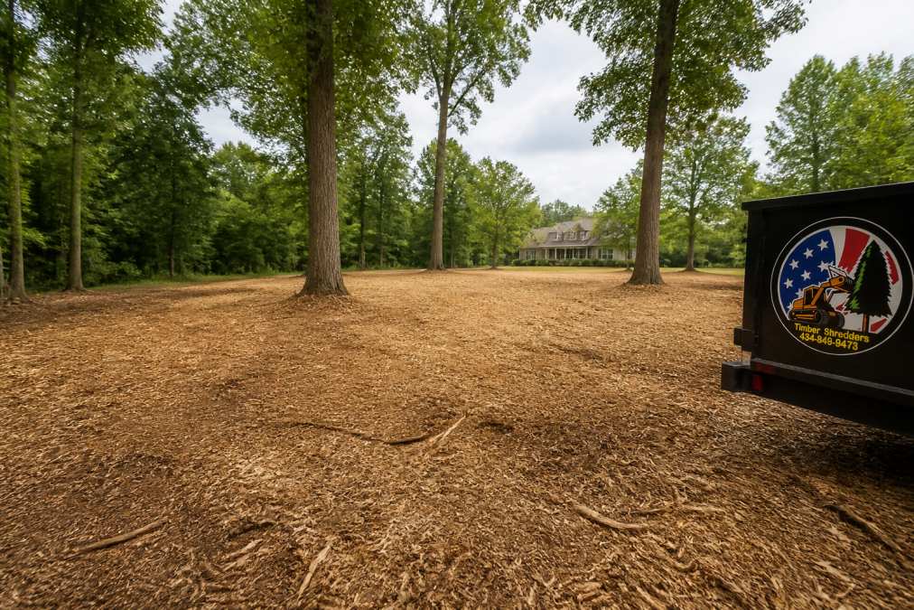 Cleared residential property showing even mulch distribution across the ground, with preserved mature trees standing in the landscape and improved accessibility through the formerly overgrown area