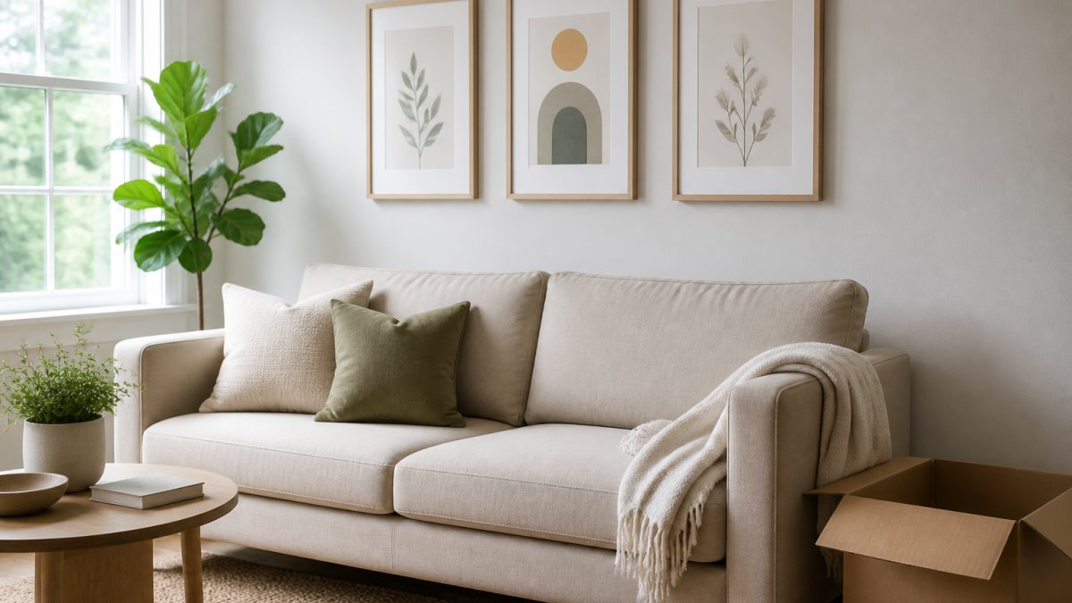 A bright newly furnished living room with a small gallery wall of three framed minimalist prints in natural wood frames above a neutral sofa, a moving box and tape roll on the floor nearby, soft daylight from a window