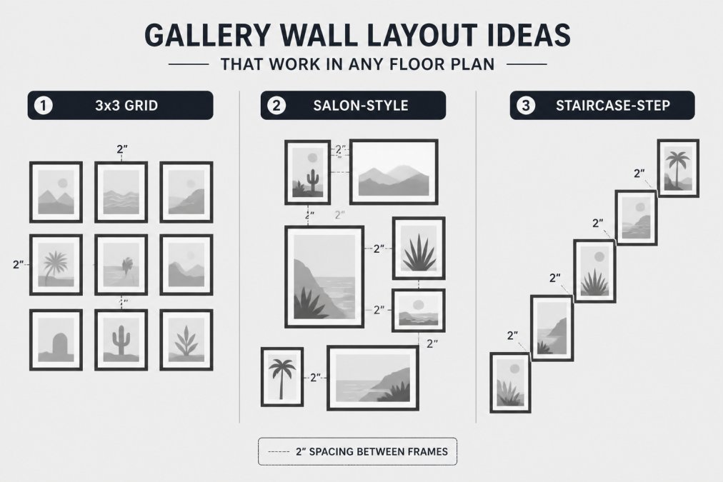 Diagram showing three gallery wall layouts for affordable framed prints with consistent two-inch spacing between frames.