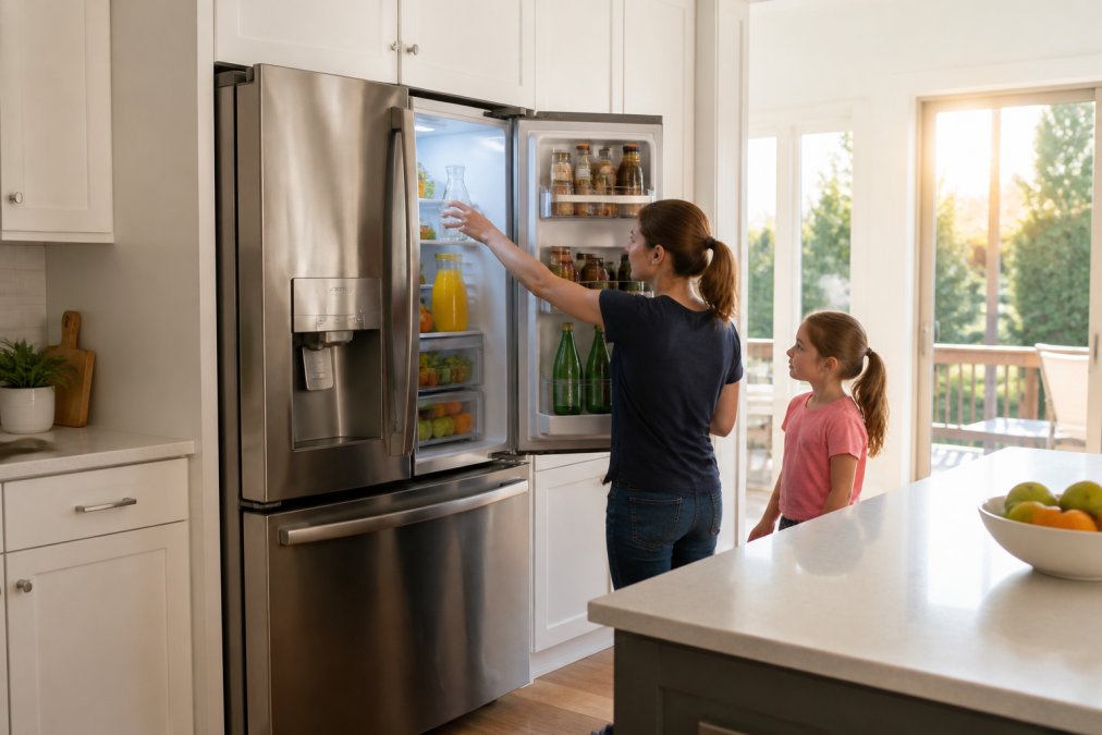 A modern kitchen with a stainless steel French door refrigerator, doors open to reveal organized shelves and an ice maker, a parent reaching for a glass of water while a child stands nearby in warm afternoon light