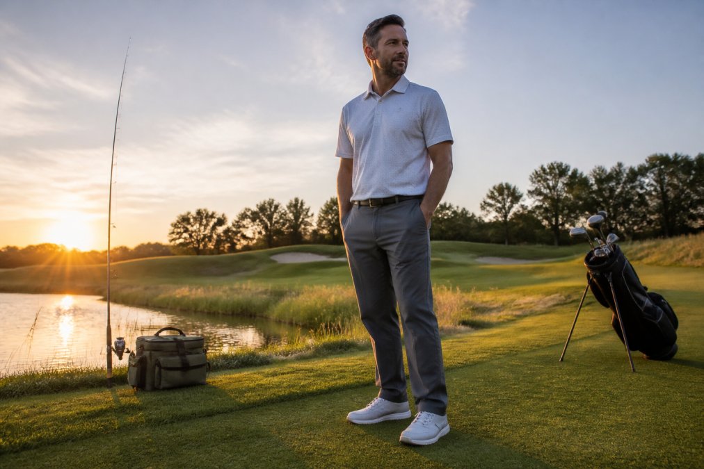 A man in his 40s wearing a performance polo and lightweight pants, standing on a golf course at sunrise with a fishing rod and tackle bag visible in the background, suggesting apparel that works for both activities