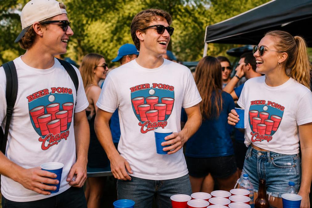 College students wearing humorous graphic tees at a casual outdoor tailgate party, laughing and socializing in natural sunlight with trees in background