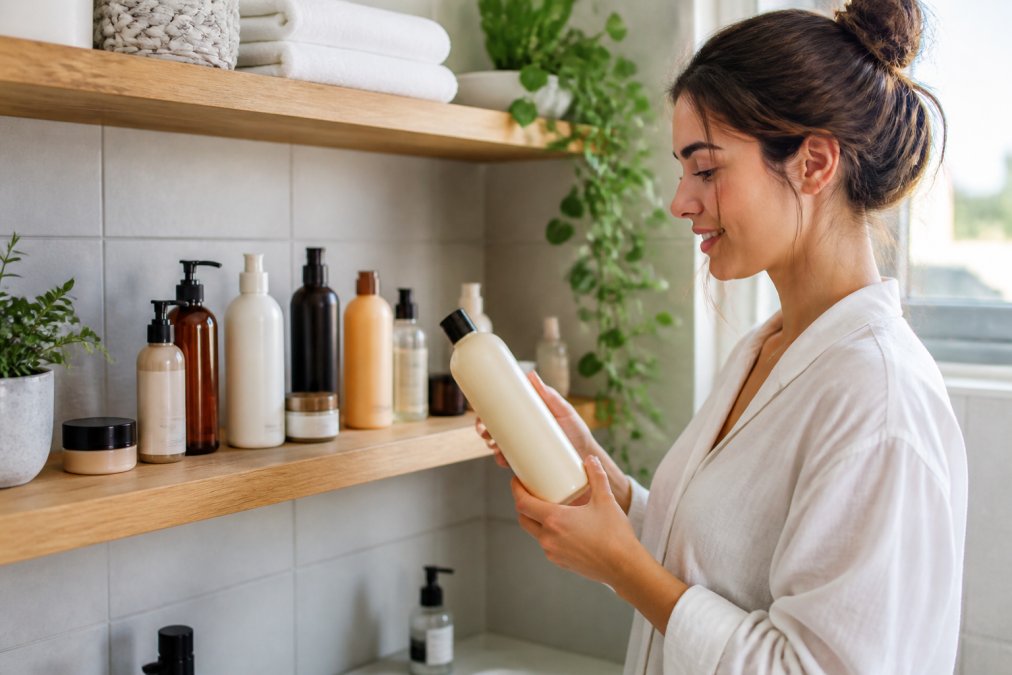 Professional woman displaying affordable hair care products on a bathroom shelf, showing bottles of shampoo, conditioner, and styling treatments organized neatly with natural morning light