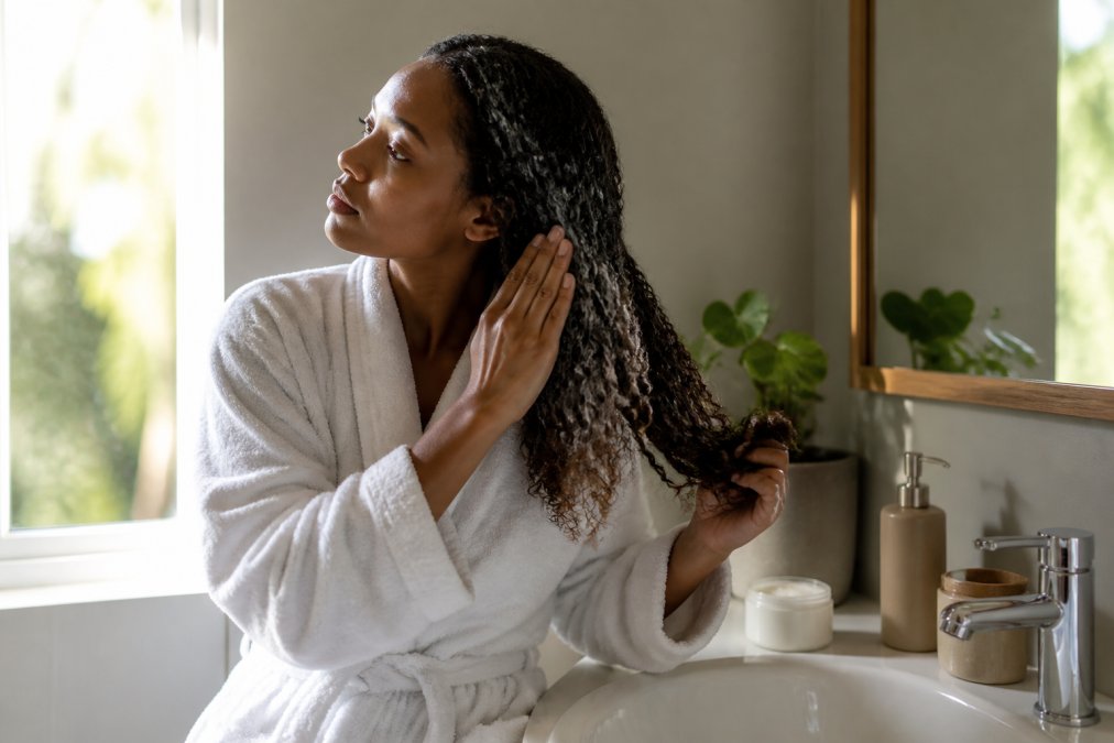 Professional woman applying hair treatment and conditioner in morning routine, demonstrating proper application technique at bathroom sink with natural morning light