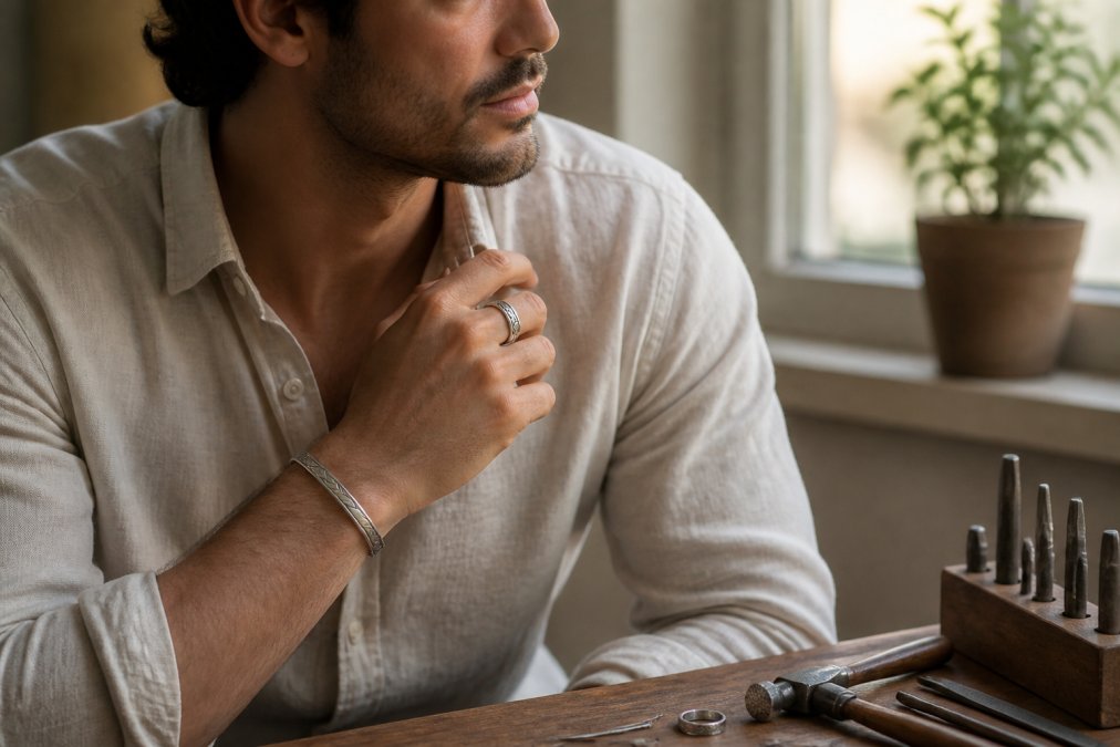 Man wearing a casual linen shirt showcasing a handcrafted sterling silver ring and bracelet in natural light.