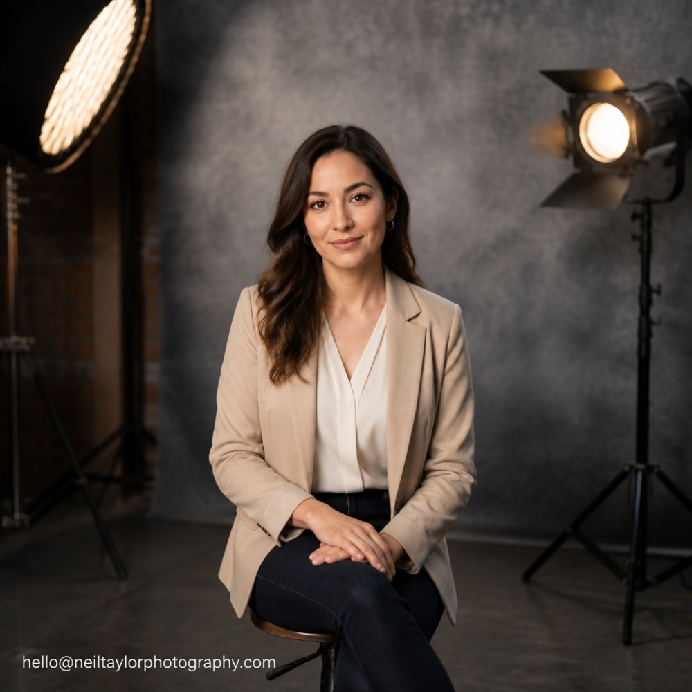Professional in smart casual attire sitting confidently in a well-lit studio setting, showing good posture and natural expression, ready for a headshot session