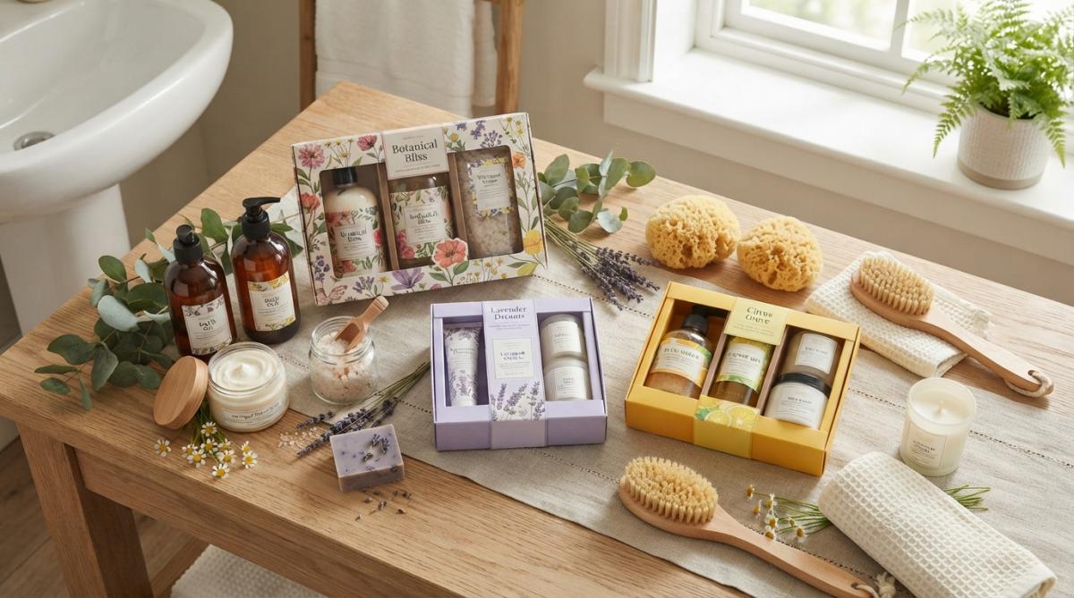Flat lay of bath and body gift set products arranged on a neutral surface, glass bottles and jars of cream displayed with fresh eucalyptus sprigs and natural stone elements, soft natural window lighting
